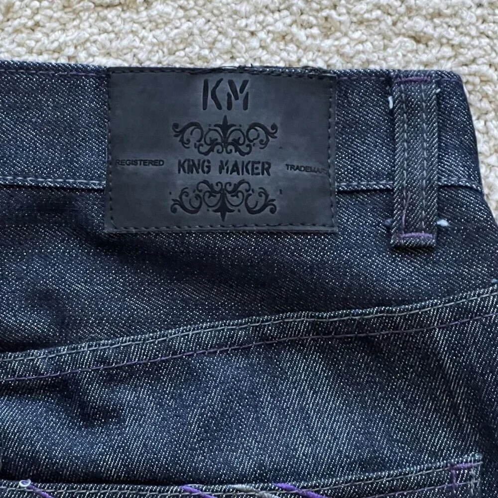 Vintage Y2K King Maker Mens 34x30 Dark Denim Jeans Embroidered Pockets Hip Hop